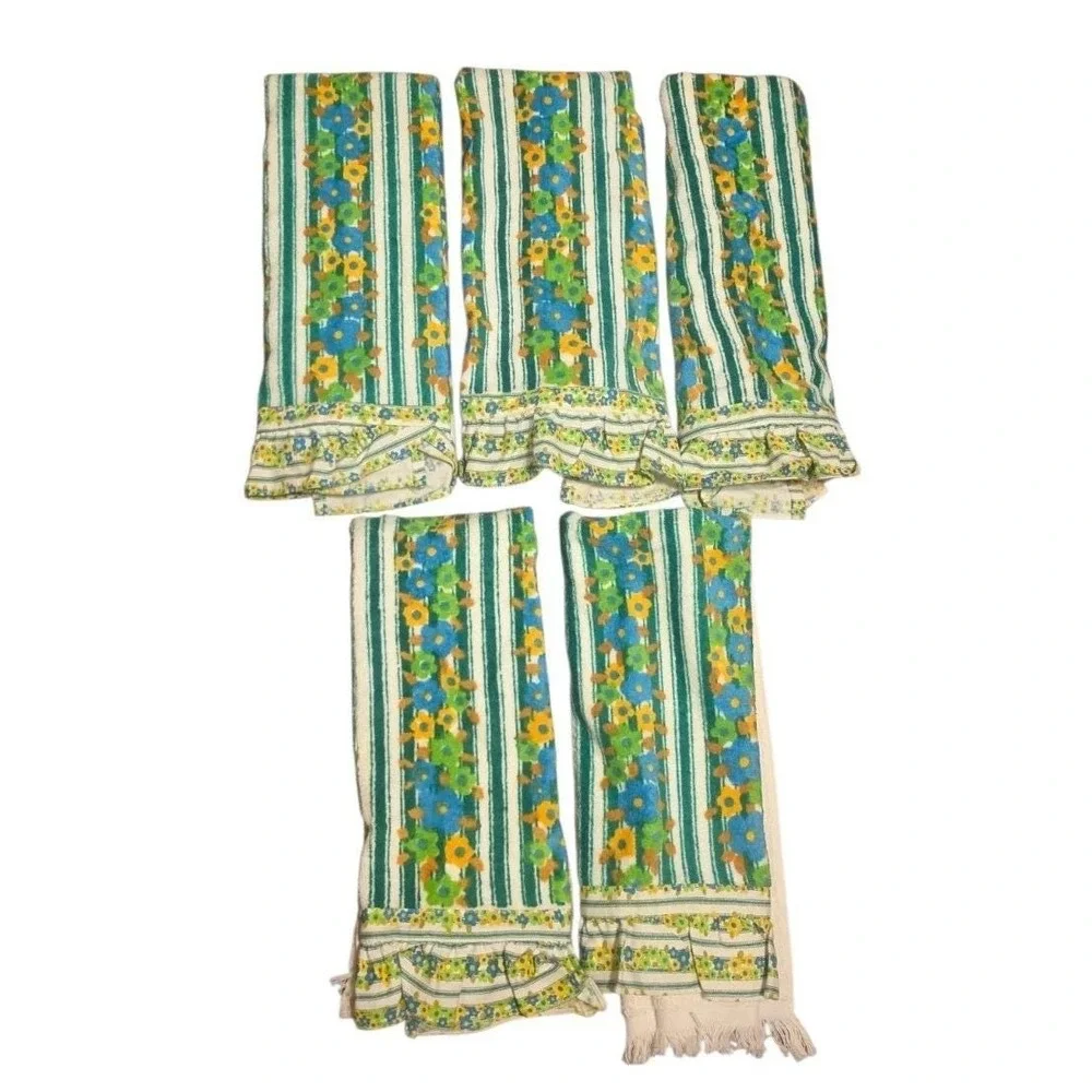 Vintage Cannon Floral Hand/Kitchen Towel Lot Of 5 Fringe/ Ruffled 100% Cotton